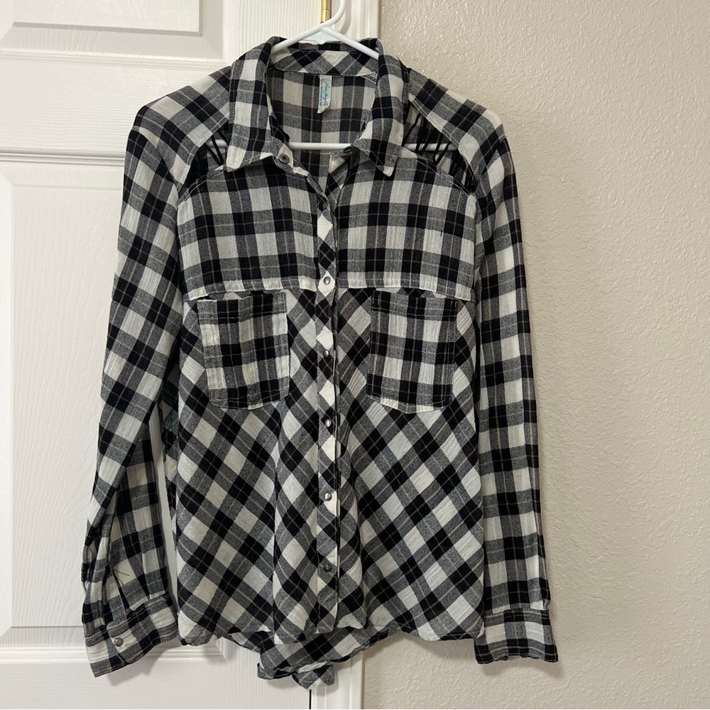 Free People Plaid Button Down with Snap Buttons & Cutout Collar Bone Detail